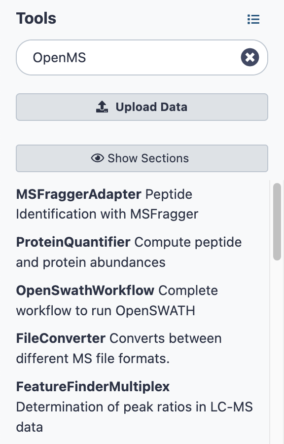 Browse OpenMS TOPP tools such as MSFraggerAdapter, ProteinQuantifier, and OpenSwathWorkflow